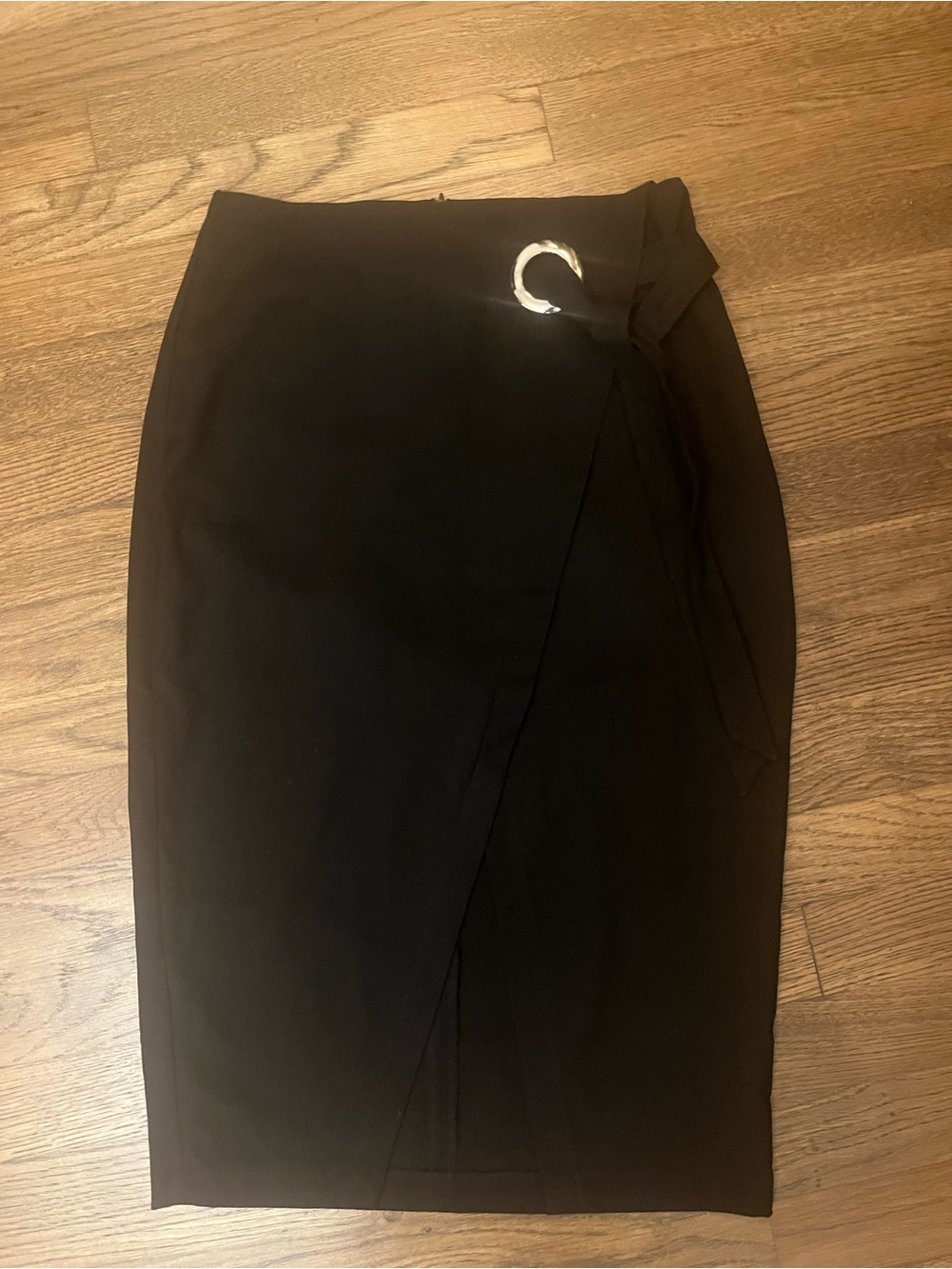 Black Wrap Pencil Skirt with Silver Ring Detail
